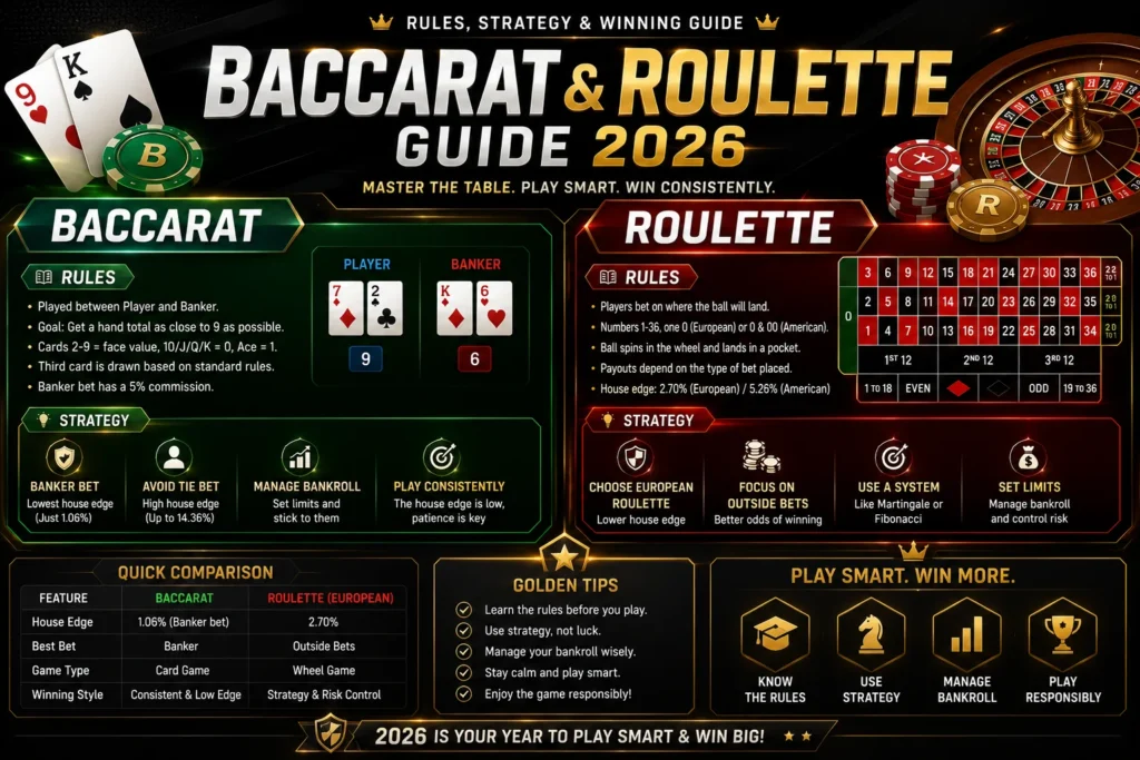 Baccarat vs Roulette Guide 2026: Rules, Odds & Strategy