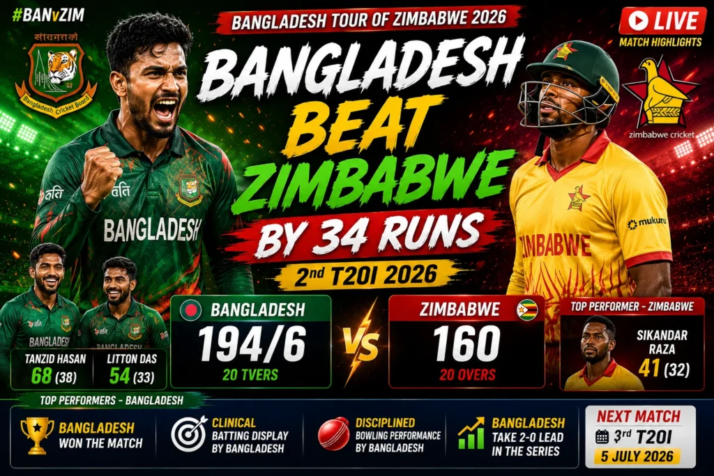 Bangladesh Beat Zimbabwe by 34 Runs | 2nd T20I 2026