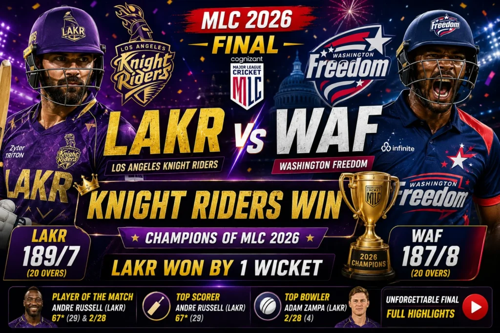 LAKR vs WAF MLC 2026 Final: Knight Riders Win