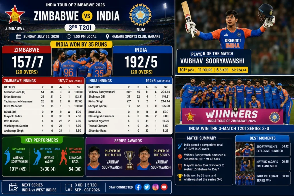 Zimbabwe vs India 3rd T20I 2026: Match Result & Highlights